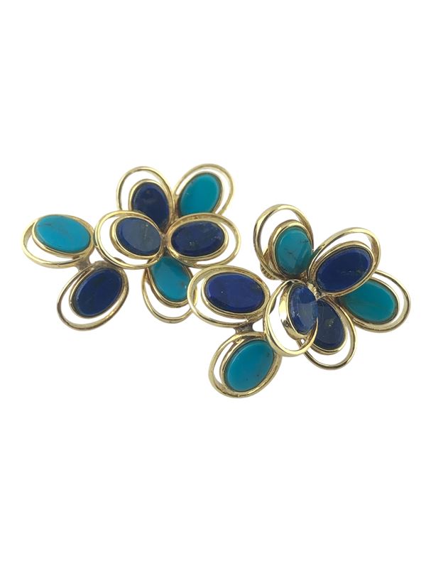GOLD TURQUOISE AND LAPISLAZULI HEARRING