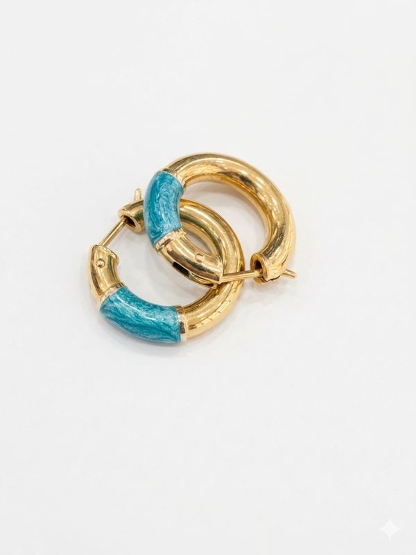 GOLD AND TURQUOISE ENAMEL HOOP EARRINGS 
